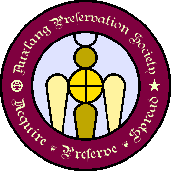 A circular logo with an inner circle with an abstract golden-coloured figure vaguely resembling a bee or an angel against a sky blue background and an outer circle with pale golden-green text reading 'Auxlang Preservation Society' on top and 'Acquire - Preserve - Spread' below against a deep red-purple background. Between the two sections of text are a globe on the left and a star on the right.