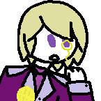 [Image of an androgynous male figure from the torso up with blonde hair and violet eyes, wearing a two-toned purple and lavender suit with a purple tie, a gold globe pin on his right side of the chest (viewer's left), and a golden monocle over his left eye (viewer's right), based on the personification of the language Volapük from the webcomic 'Prolangs']